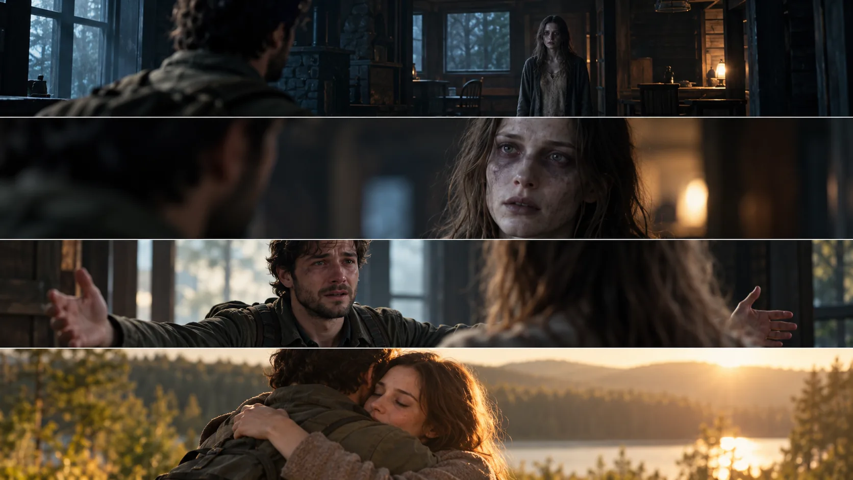 An original cinematic illustration of the AI zombie trend moving from a dark encounter to a warm reunion