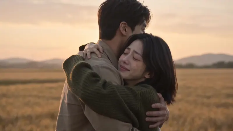 Two characters meet in a sunlit outdoor scene